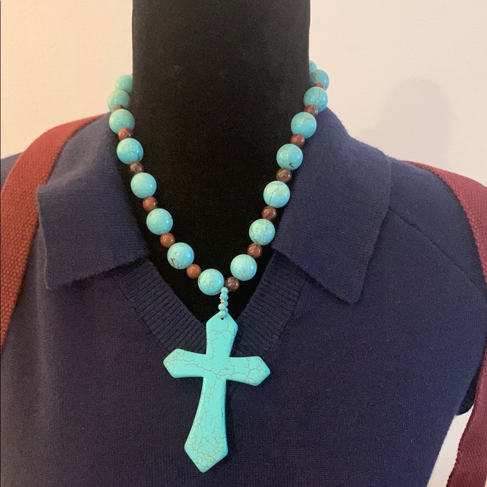 Blue and Brown Beaded Cross Necklace - Preloved